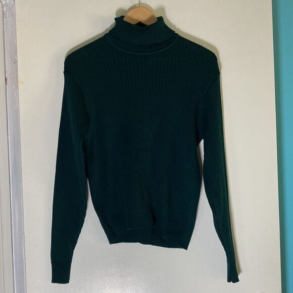 Jaeger Womens Size M Vintage Fitted Green Wool Rib Knit Pullover Turtleneck Top - Picture 6 of 11